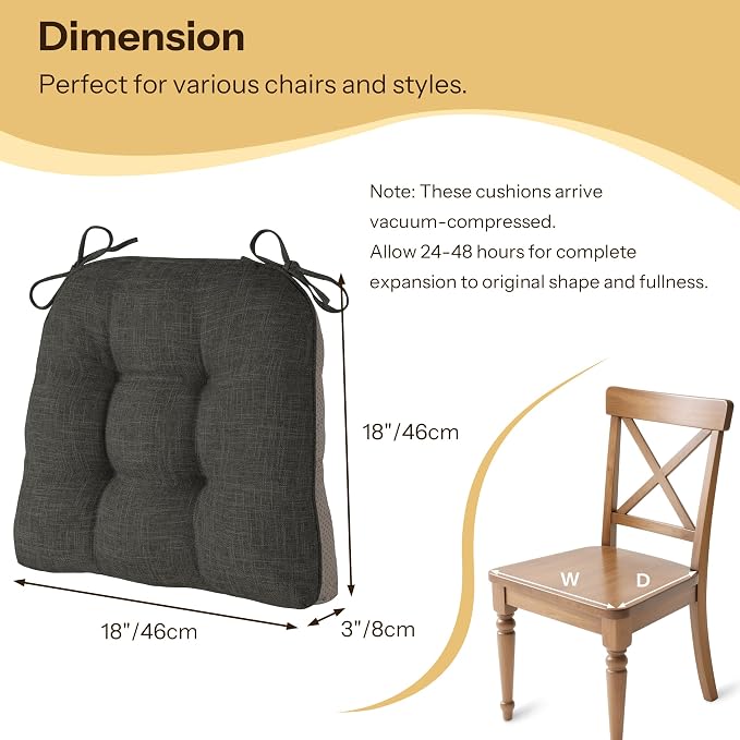 Chair Cushions for Dining Chairs 2 Pack, Dark Grey | Non-Slip, - Image 2