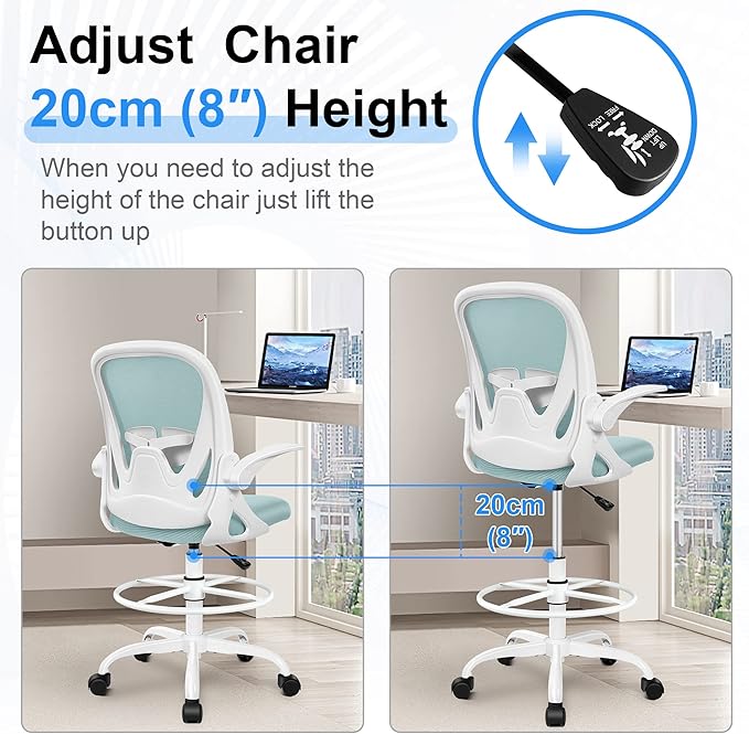 Primy Drafting Chair Tall Office Chair with Flip-up Armrests Executive Ergonomic Computer Standing Desk Chair with Lumbar Support and Adjustable Footrest Ring（Light Blue）-DeskLoop Office