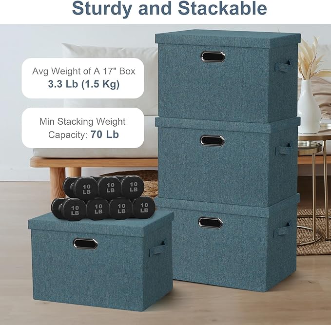 Large 17" 36 Quart Collapsible Stackable Storage Bins with Lids, 3 Packs Blue-Green Linen Fabric Closet Boxes with Lids, Storage Cube Baskets Container Organizers for Bedroom (17x12x11)-DeskLoop Office