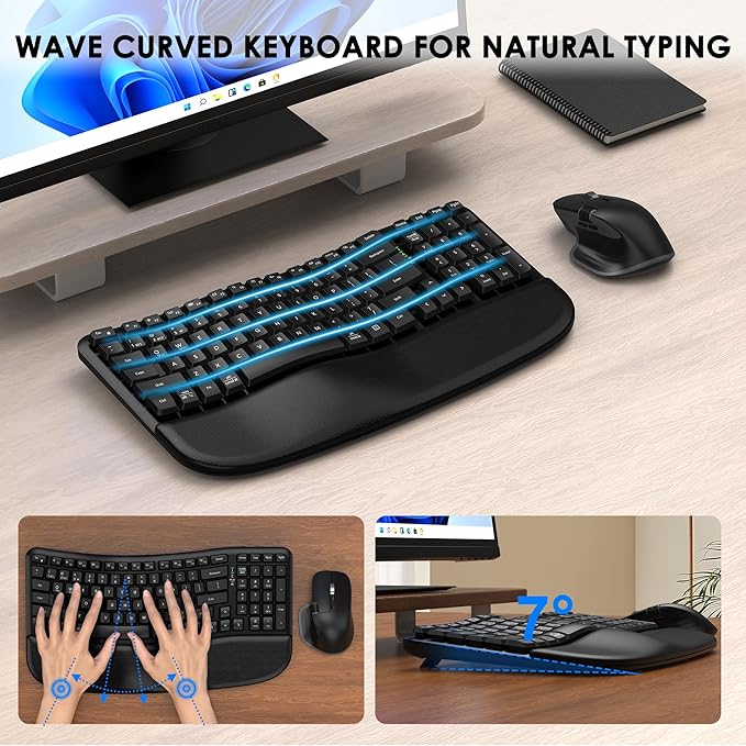 Ergonomic Keyboard and Mouse Combo, Bluetooth/2.4G Wireless Ergo Wave Curved Keyboard with Cushioned Palm Rest and 6 Levels DPI Adjustable Silent Mouse, Multi-Device for Windows/Mac/Android-DeskLoop Office