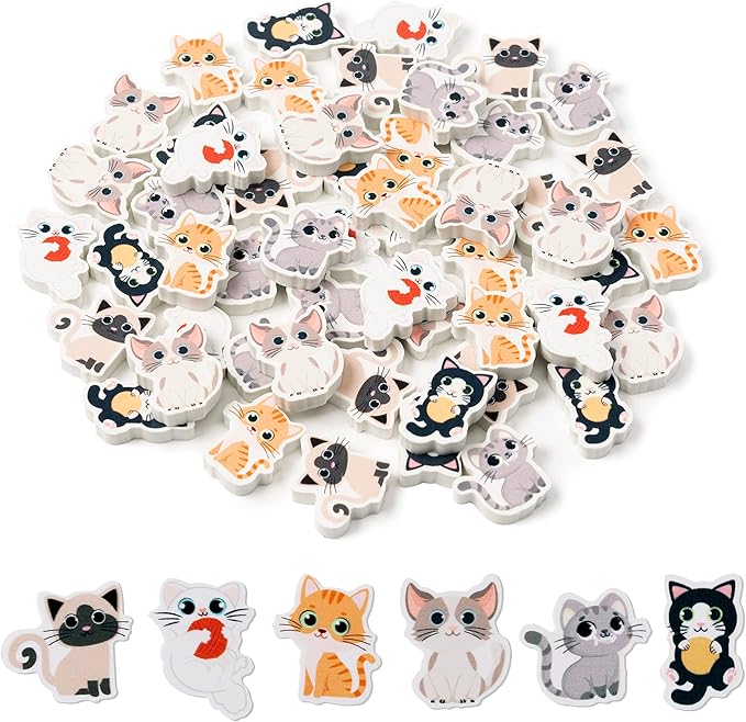 ANGOLIO 60Pcs Cute Cat Erasers Back to School Gifts for Kids Animal Pencil Top Erasers Mini Kawaii Cartoon 3D Desk Pet for Classroom Activities Rewards Game Prizes Birthday Party Supplies, 6 Styles-DeskLoop Office