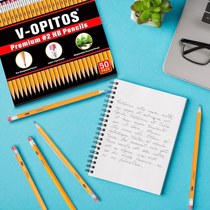V-Opitos Wood-Cased #2 HB Pencils, 50 Pack Bulk Yellow Pencils - Image 2