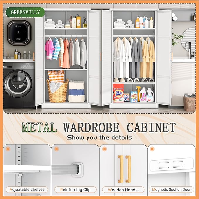 Greenvelly Metal Wardrobe Cabinet with Wooden Handle, 72" Metal Wardrobe Closet with Hanging Rods and Adjustable Shelves, Clothing Storage Closet Cabinet for Home, Office, Employee, Gym (White)-DeskLoop Office