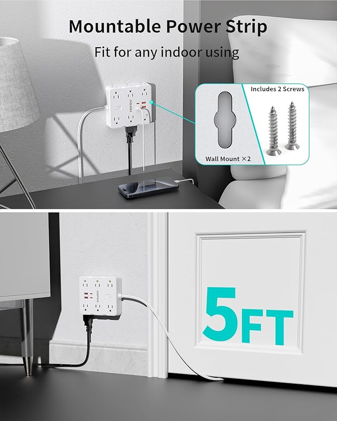 2 Prong Power Strip, 2 Prong to 3 Prong Outlet Adapter with 12 AC & 4 USB(2 USB-C), 1700J Two Prong Surge Protector, 5FT Extension Cord, Wall Mountable, Ideal for Old House Non-Grounded Outlets-DeskLoop Office