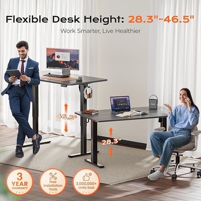 Huuger 55 x 28 Large Electric Standing Desk, Height Adjustable Desk, 27.6" Deep Desktop, Stand up Gaming Computer Office Desk with 2 Hooks, 3 Preset Heights, for Home Office, Grey-DeskLoop Office