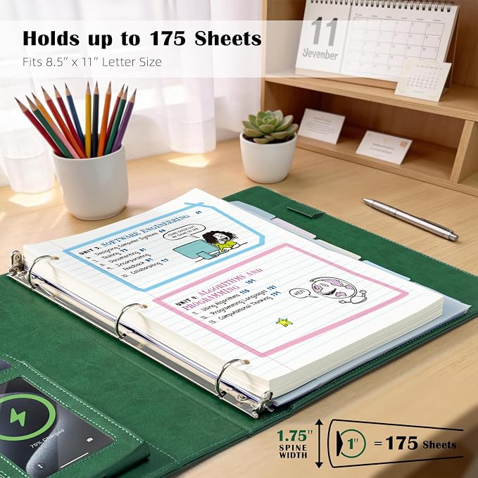 Ospelelf Green Leather 3 Ring Binder 1 Inch Round Ring, Magnetic Clipboard Folio - Image 3