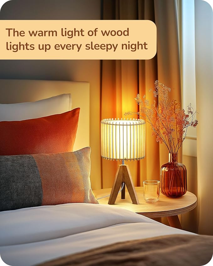 EDISHINE 14.17" Small Table Lamp, Wood Tripod Bedside Lamp, Natural - Image 6