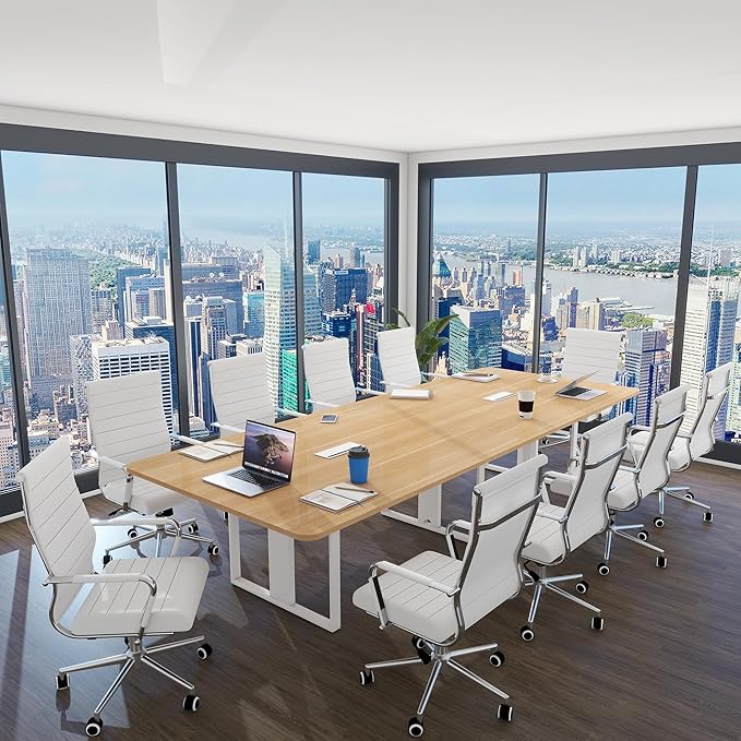 Home Office Chair Ribbed, Modern Leather Conference Room Chairs, Ergonomic Office Desk Chair, High Back Executive Computer Chair, Adjustable Swivel Chair with Arms (White)-DeskLoop Office