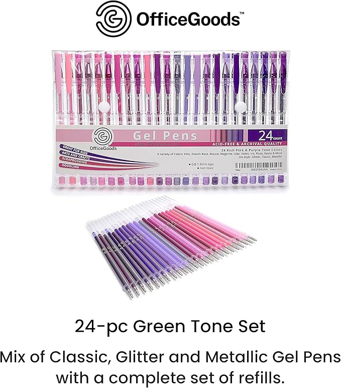 OfficeGoods Pink Purple Gel Pens with Refills – Pastel Adult Coloring Art – Medium 0.8-1.0mm Tips – Non-Toxic Gel Pens Set – Quick Dry Smudge-Free 24 Pack Colors-DeskLoop Office