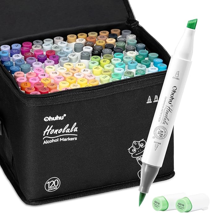 Ohuhu Alcohol Markers Brush Tip -Double Tipped Art Marker Set for Artist Adults Coloring Illustration - 120 Colors- Brush & Chisel Dual Tips- Honolulu of Ohuhu Markers- Refillable Alcohol-based Ink-DeskLoop Office