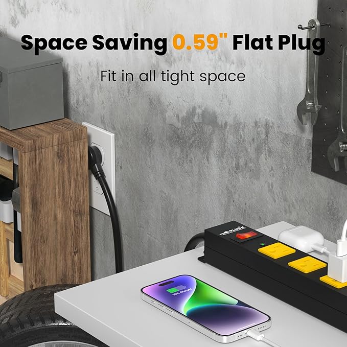 12 Outlet Long Power Strip, 3FT Power Cord, 2100 Joules Surge Protector, Wide Spaced Outlet Power Bar, Overload Protection Switch, Industrial Heavy Duty for Work Bench, Shop, Garage-DeskLoop Office