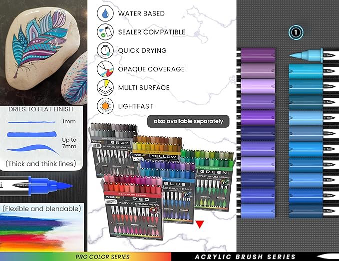 22 Flexible Brush Tip Acrylic Paint Pens Markers Set 1-7mm Line for Rock Painting, Brush Lettering, Glass, Mugs, Wood, Metal, Canvas, Fabric, Plastic. Non Toxic Waterbased Quick Drying Assorted Blue-DeskLoop Office