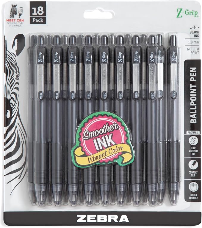 Zebra Pen Z-Grip Retractable Ballpoint Pen, Smooth-Flowing Black Ink, 1.0mm by ZebraPen