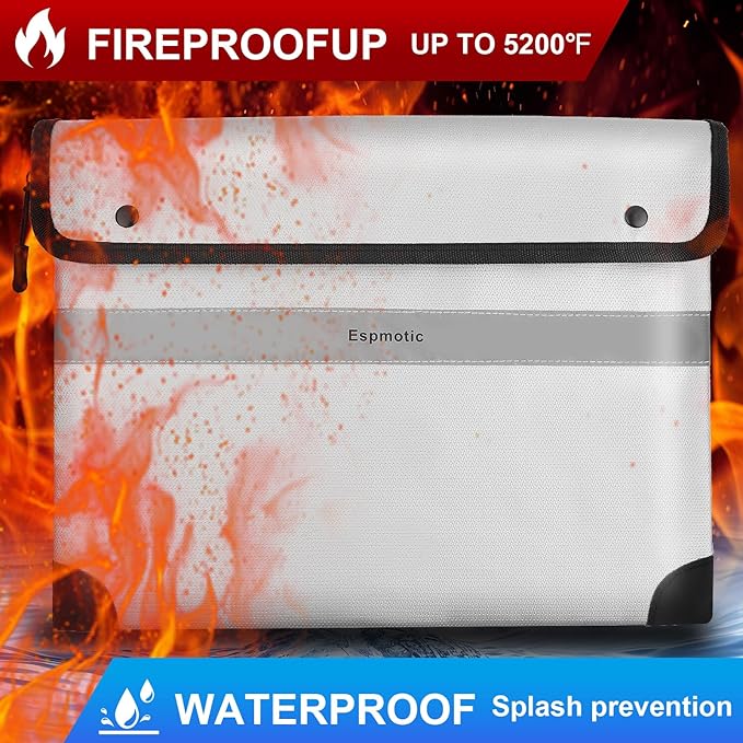Fireproof Document Bag – 5200°F Heat-Resistant, 10.6"x14.2" Waterproof Money Pouch with 8-Layer Protection, Zipper and Snap Closure, Reflective Strip for Quick Access, Gray-DeskLoop Office