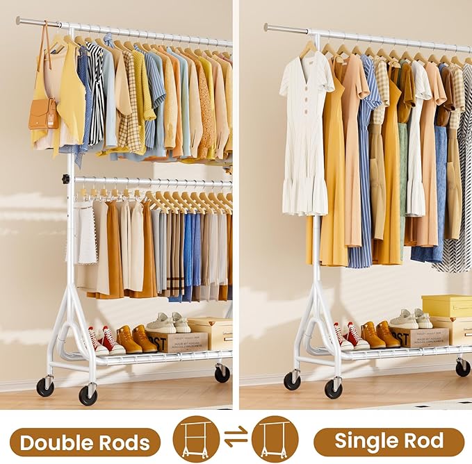 Double Rods Clothing Rack, Heavy Duty Clothes Rack for Hanging Clothes Load 560LBS, Metal Rolling Garment Racks with Wheels, Freestanding Clothes Hanging Racks, White-DeskLoop Office