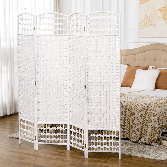 NicBex Room Divider 4 Panel Room Dividers with Woven Paper Design Partition Room Dividers and Folding Privacy Screens 5.6 FT Wall Divider for Office, Room Separation,63.6" W x 0.5" D x 67" H, White-DeskLoop Office
