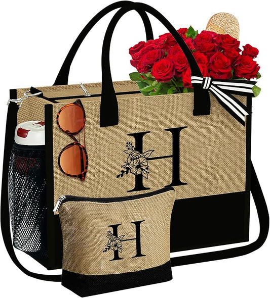 YOOLIFE Christmas Gifts for Women, Initial Jute Tote Bag with Zipper Grandma Mom Bride Teacher Gifts Birthday Gifts for Women