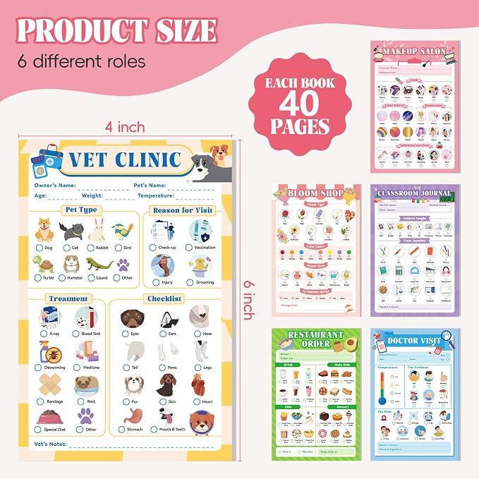 6 Pack Kids Pretend Play Notepads, 40 Pages Kids Playtime Pads - Image 2