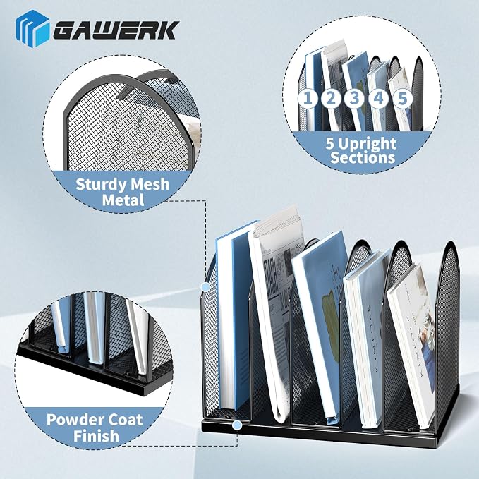 Gawerk 5-Section Vertical Desktop Organizer, 5-Section Mesh File Folder Stand - Image 3