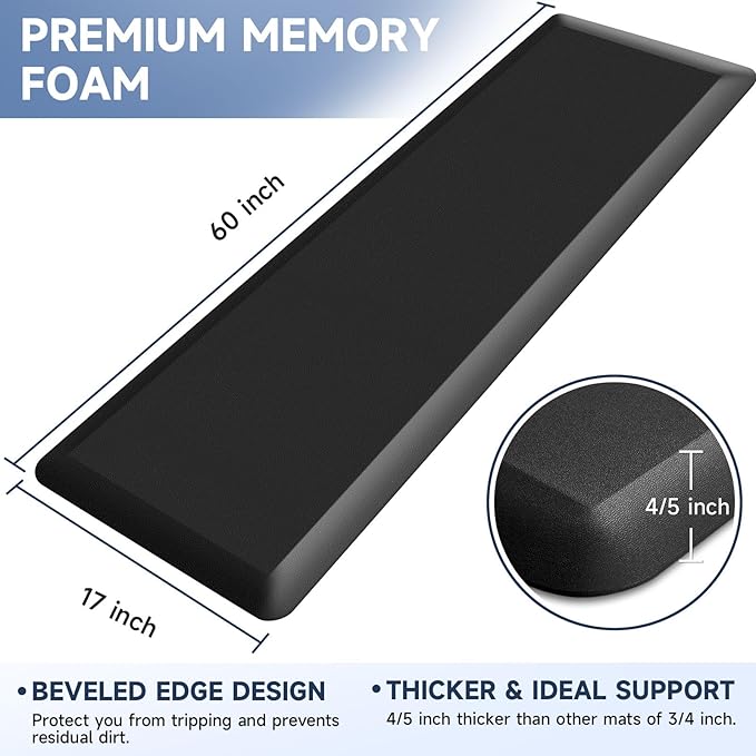 4/5 Inch Thick Kitchen Mat Anti Fatigue Mat Kitchen Rugs Kitchen Decor Non-Slip, Stain Resistant, Waterproof Kitchen Mats Desk Mat for Kitchen, Office, Workshop, Black, 17'' x 60''-DeskLoop Office