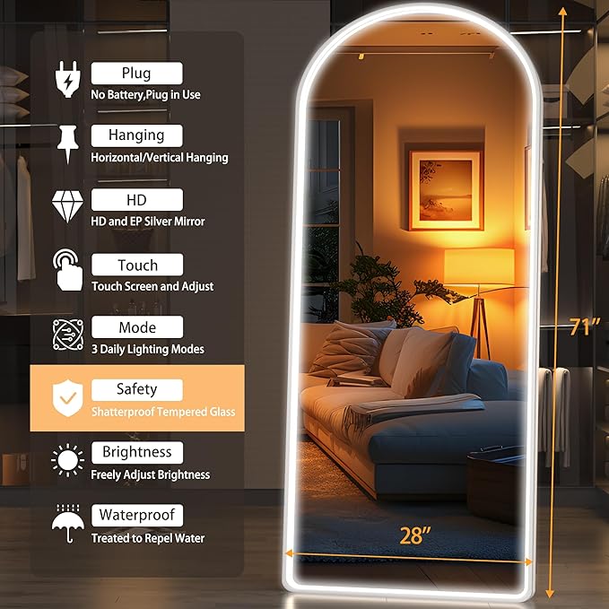 Hasipu 71" x 28" Led Mirror - Full Length, Arch Design, Wall Mounted, Dimming & 3 Color Modes-DeskLoop Office