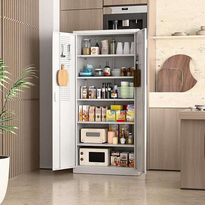 Aobabo Upgraded 71" H×34" W×18" D Metal Garage Storage Cabinet with Pegboards, Lockable Steel Cabinet with 5 Adjustable Shelves and 4 Hooks for Garage, Home, Office, White,Assembly Required-DeskLoop Office