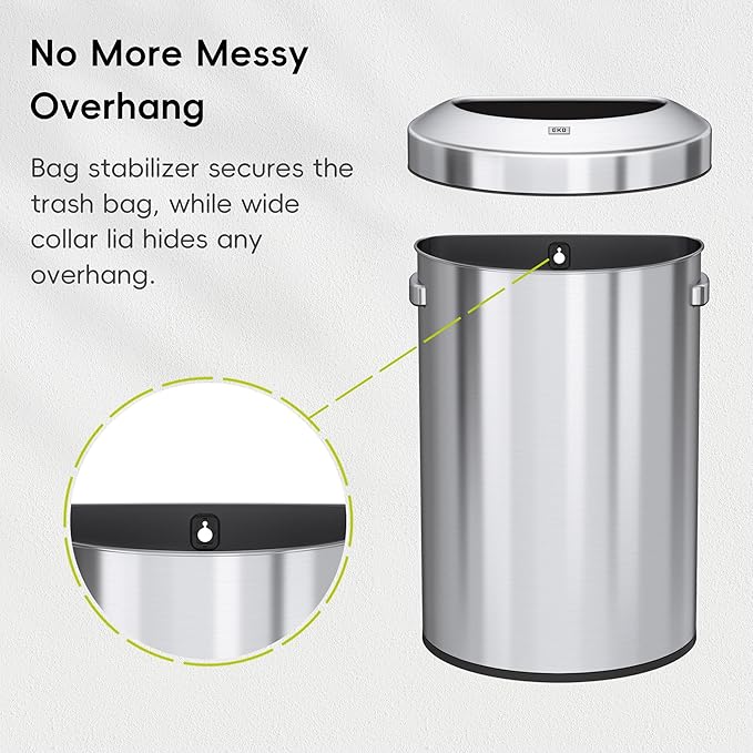 EKO Urban 16 Gallon Semi-Round Open Top Waste Bin, Stainless Steel Half Round Commercial Trash Can for Indoor and Outdoor, Extra Large Metal Garbage Bin for Home, Office, Restaurant, Restroom, 60L-DeskLoop Office