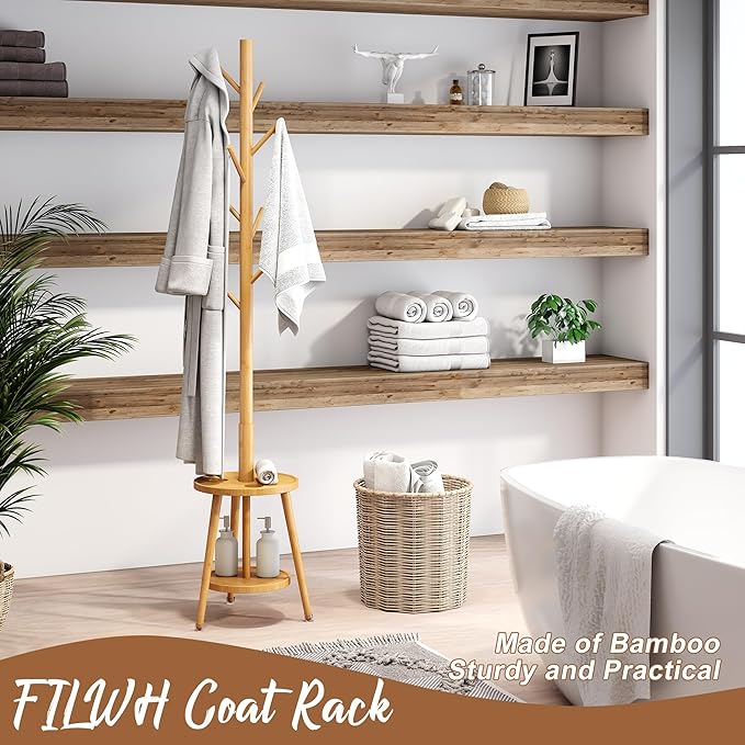 FILWH Freestanding Coat Rack with Umbrella Organizer Tray Bamboo Coat Tree Rack with 8 Hook Stand for Clothes Bag Hats Entryway Hanger Stand(Nature)-DeskLoop Office
