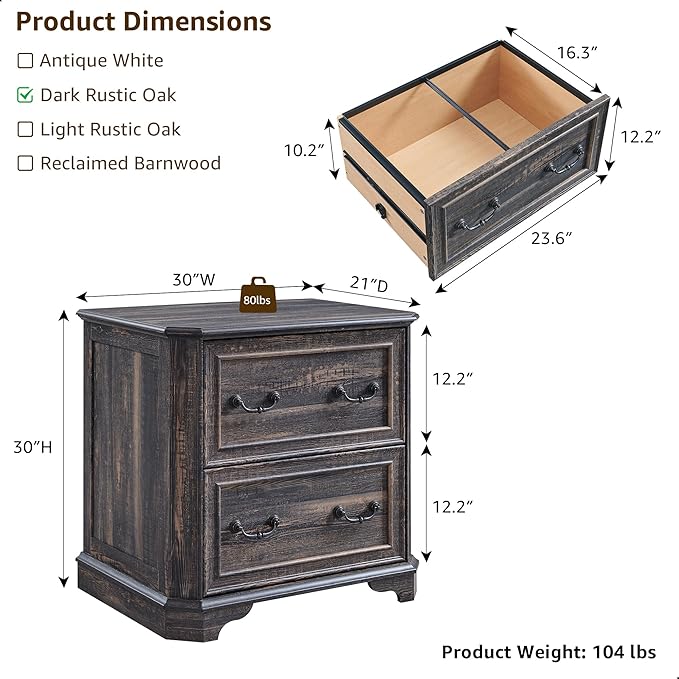 T4TREAM 2 Drawer File Cabinet-30 Wide Wooden Extended Desktop, Farmhouse Filing Cabinet with Smooth Rails, Holds Letter/Legal/A4, Hexagonal Design & Framed Drawer Fronts, Dark Rustic Oak-DeskLoop Office