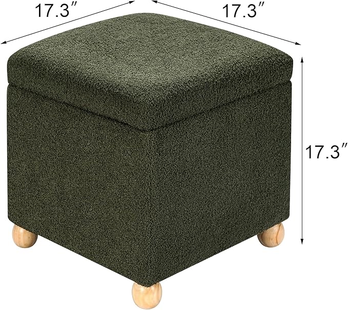 Adeco 17 Inch Soft Dark Green Cube Ottoman Storage, Teddy Velvet Chair Foot Stools, Upholstered Vanity Stool with Hinged Lid, Solid Round Wood Legs-DeskLoop Office