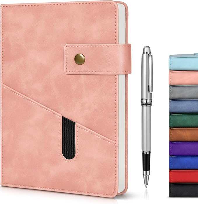 Pink A5 Lined Leather Journal Notebook for Men Women,5.9" X 8.4" Personalized Hardcover Journal with Pen,200 Pages 100 Gsm Thick Ruled Paper Daily Diary for Travel,Business,Work,Writing-DeskLoop Office