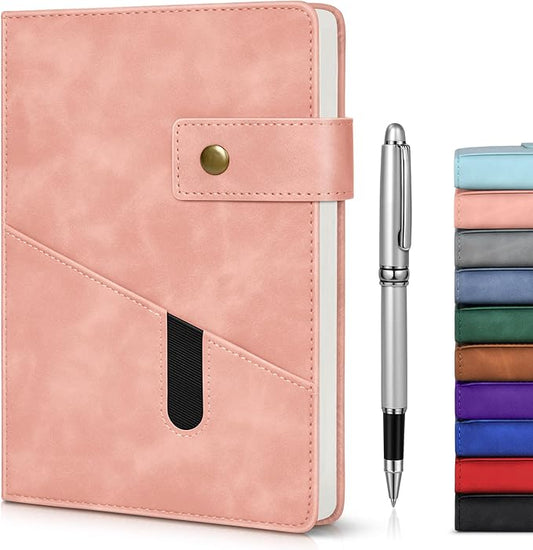 Pink A5 Lined Leather Journal Notebook for Men Women,5.9" X 8.4" Personalized Hardcover Journal with Pen,200 Pages 100 Gsm Thick Ruled Paper Daily Diary for Travel,Business,Work,Writing-DeskLoop Office
