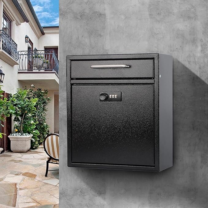 KYODOLED Steel Combination Lock Mail Boxes Outdoor,Locking Wall Mount Mailbox,Security Key Drop Box,12H x 10.51L x 4.68W Inches,Black Large-DeskLoop Office