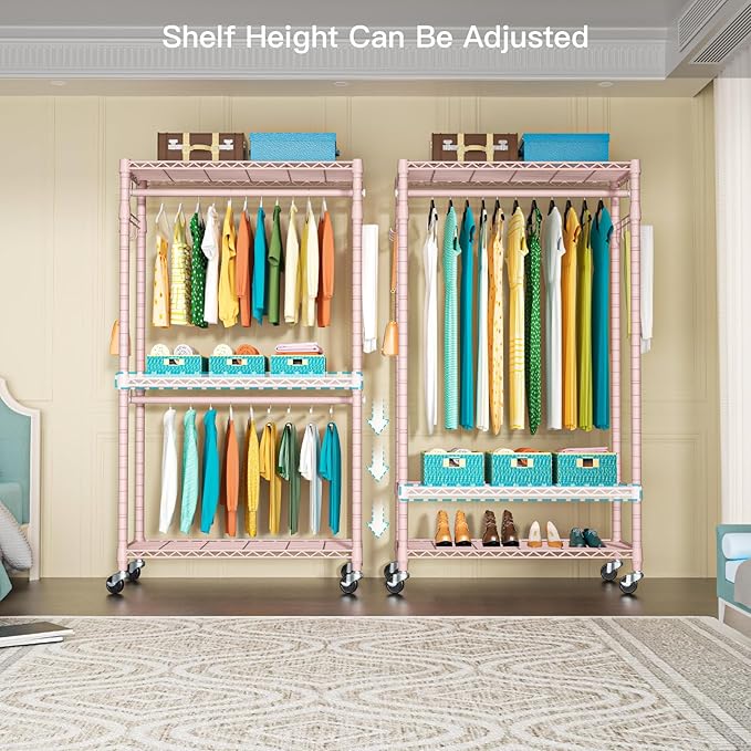 P1 Heavy Duty Garment Rack, 3 Tiers Adjustable Rolling Metal Closet Organizer with Lockable Wheels, FreeStanding Wardrobe with Double Hanger Rods & 1 Pair Hooks, Max Load 450 LBS, Pink-DeskLoop Office