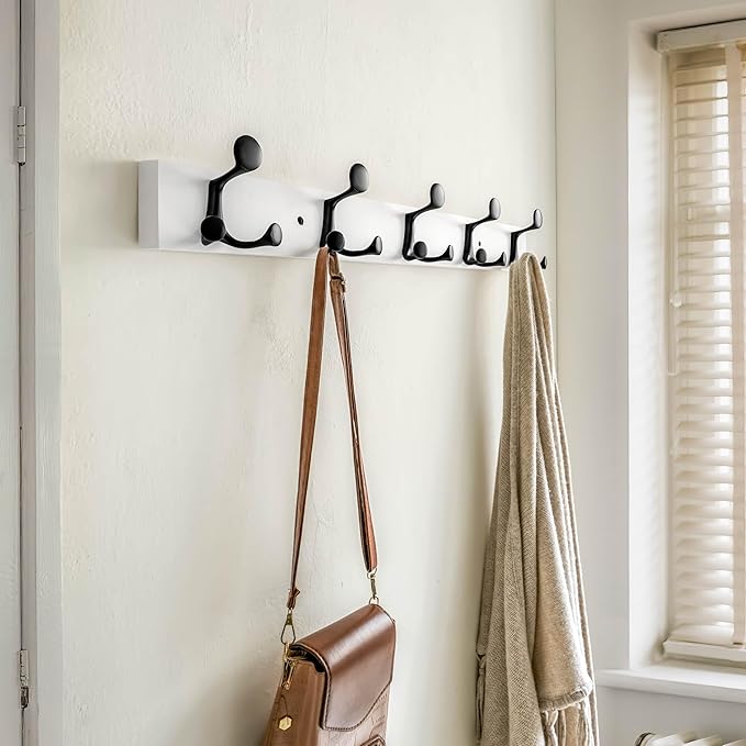 SKOLOO 30-Inch White Wood Coat Rack Wall Mount with 5 Triple Hooks - Ideal for Family Entrances, Classrooms, and Pet Supplies Storage - Perfect Coat Hooks for Wall-DeskLoop Office