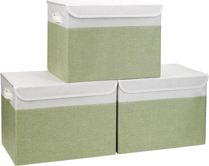 Large 17" 42 Quarts Collapsible Stackable Storage Bins with Lids [3-Pack] Foldable Fabric Linen Storage Boxes Cube, Closet Organizer Baskets with Label for Home (16.7 x 12 x 12", Green & White)-DeskLoop Office