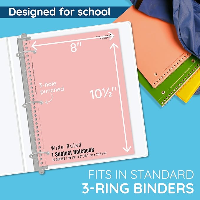 Blue Summit Pastel School Notebooks, 1 Subject Notebooks for School Wide Ruled, 6 Pack-DeskLoop Office