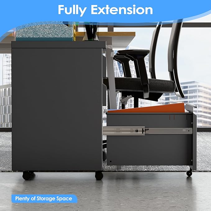 3 Drawer Under Desk Mobile File Cabinet with Lock, Metal Storage Cabinet for Office & Home, Legal/Letter Size, Fully Assembled Except Wheels, Black-DeskLoop Office