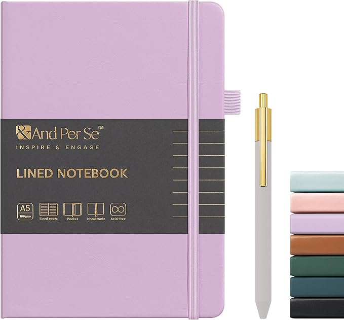 A5 Lined Leather Journal and Pen Set, Hardcover Notebook with Pen, 160 Pages 100gsm Thick Ruled Paper for Men Women, for Work, Business, School or Home Writing, 5.7'' x 8'' (Purple-Set1)-DeskLoop Office