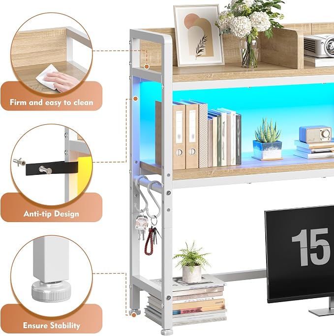 REIBII 45.2" Desk Shelf with LED Lights and Hooks, 2-Tier Adjustable - Image 4