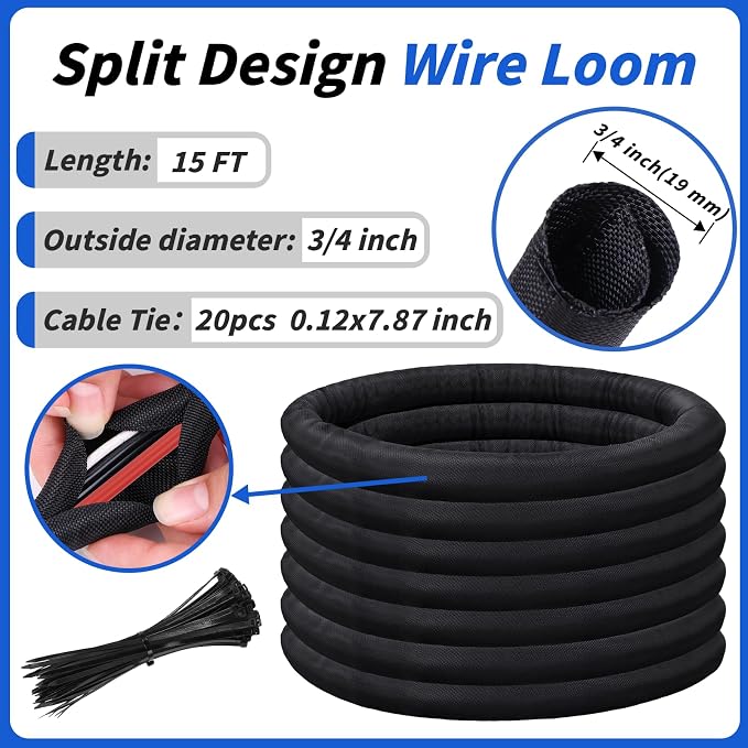 15FT Split Braided Sleeve Cable Management, 3/4 Inch Wire Loom Tubing Cord - Image 2