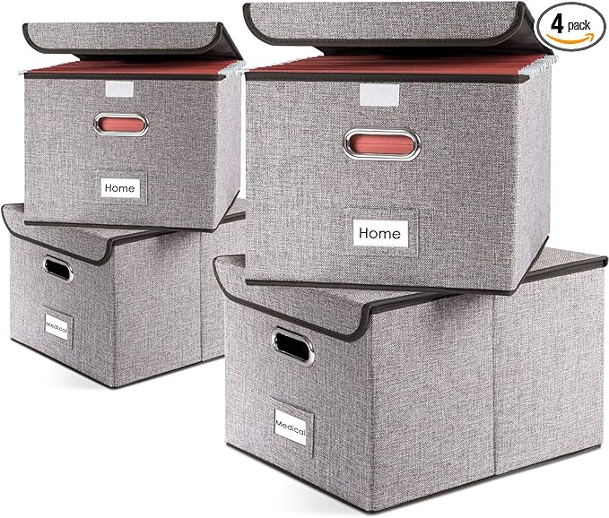 PRANDOM File Organizer Box - Set of 4 Collapsible Decorative Linen Filing Storage Hanging File Folders with Lids Office Cabinet Letter Size (15x12.2x10.75 inch)-DeskLoop Office