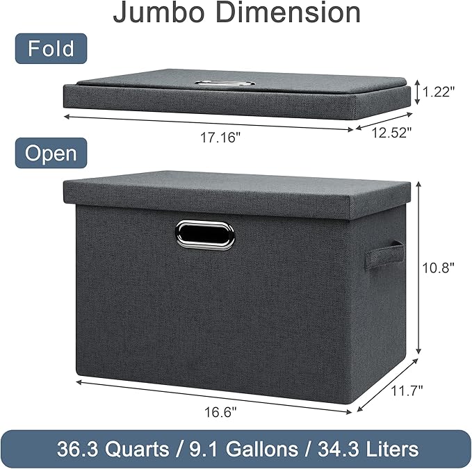 Large 17" 36 Quart Collapsible Stackable Storage Bins with Lids, 3 Packs Dark Gray Foldable Fabric Closet Storage Boxes with Lids, Heavy-duty Linen Cube Baskets(17x12x11)-DeskLoop Office