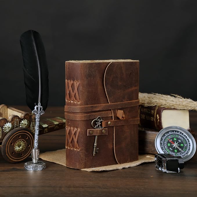Leather Journal with Deckle Edge Paper 8x6 inch and Vintage Key | Handmade - Image 5