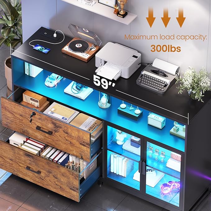 SEDETA 59" File Cabinet, 2 Drawers Filing Cabinets for Home Office fit Legal/Letter/A4 File, File Cabinet with Lock & Power Outlets, Printer Stand with Storage & LED Lights, Rustic Brown-DeskLoop Office