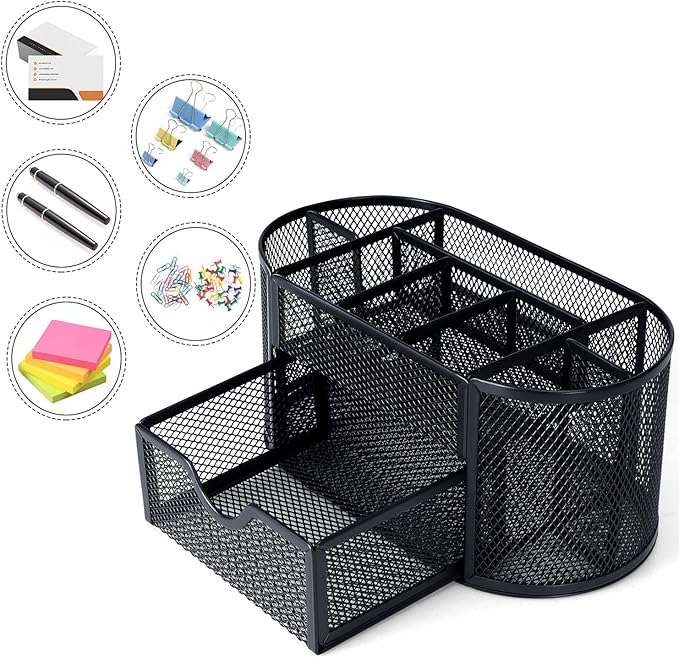 Black Mesh Pen Holder Desk Organizer Cute Office Supplies Pencil and Marker Organizers Oval Desk Caddy with 8 Compartments and 1 Drawer Workspace Accessories for Office School Home-DeskLoop Office