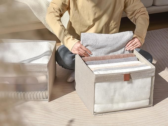 StorageWorks Closet Storage Bins, Extra Large Storage Baskets with Clear Window and Handles, Foldable Fabric Organizer for Clothes, Shelves, Brown and Beige, 3 Pack-DeskLoop Office