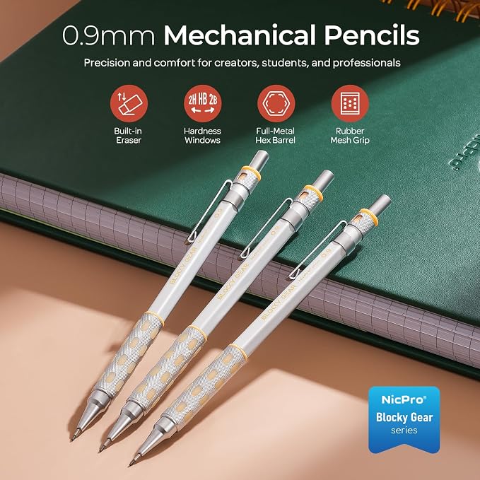 Nicpro Blocky Gear 0.9 mm Mechanical Pencils Set in Case, 3 Pack Metal Pencil 8 - Image 2