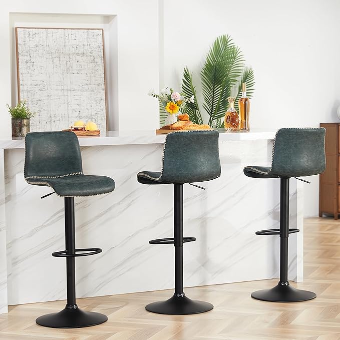 HeuGah Bar Stools Set of 3, Swivel Counter Height Barstools with Back, Adjustable Height 24" to 32", Faux Leather Bar Chairs for Kitchen Island (Deep Teal, Set of 3 (24'' to 32''))-DeskLoop Office