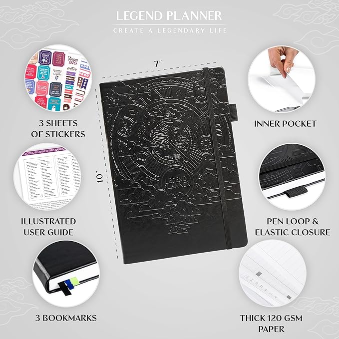 Legend Planner PRO – Deluxe Weekly & Monthly Life Planner to Increase Productivity and Hit Your Goals. Time Management Organizer Notebook – Undated – 7 x 10" Hardcover + Stickers – Black-DeskLoop Office